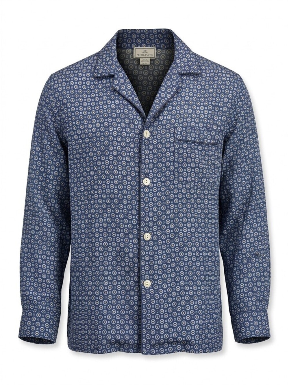 Petite Plume 100% Silk Pajama Top Shirt Mens L Navy Blue Gold Medallion Print EU